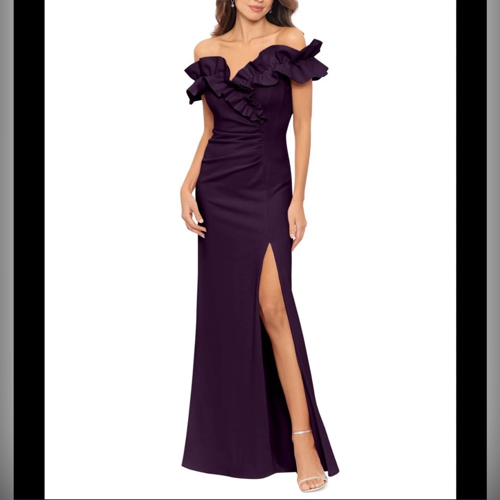 XSCAPE Ruched Ruffle Scuba Gown Dress Mulberry Size 8